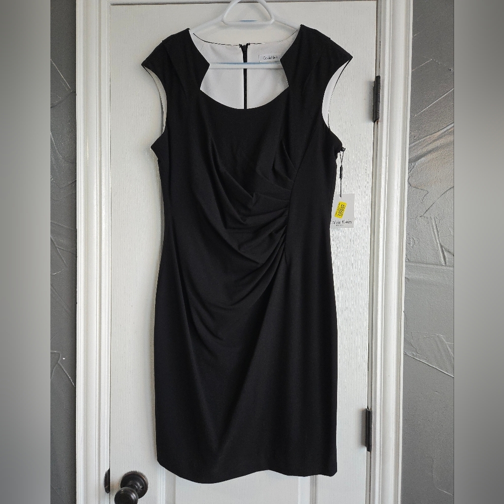 NWT Calvin Klein Black Ruched Cap-Sleeve Dress Knee Length Size 12